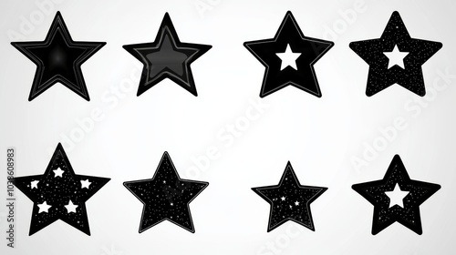 A set of black star icons, each with a different shape. Some stars sparkle. This set of icons is perfect for adding a touch of star power to your designs.