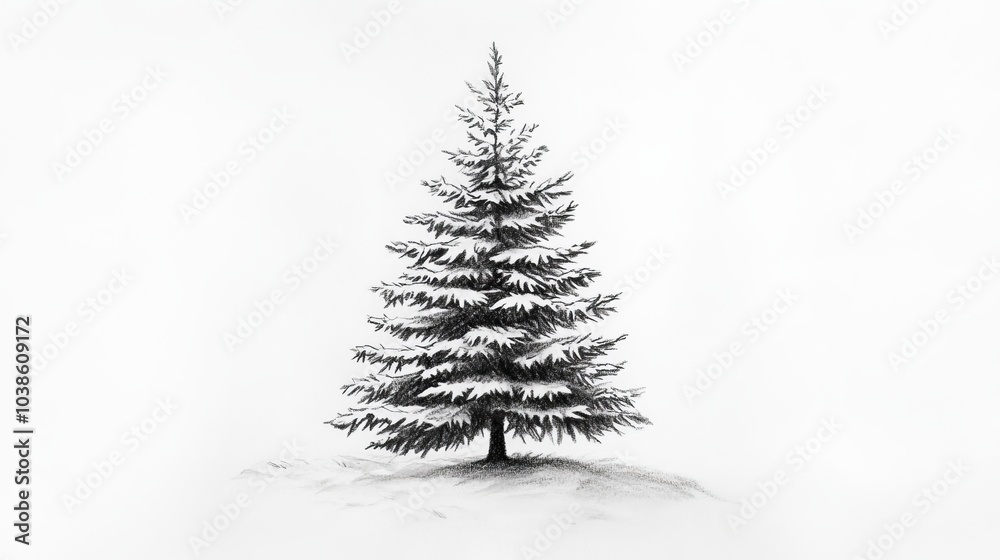 Obraz premium A simple Christmas tree drawn by hand. The tree is by itself on a plain white background.