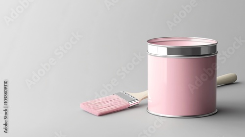 A can of pastel pink emulsion paint, with a soft brush resting on its edge, isolated on a smooth grey background photo