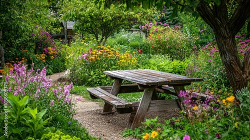 A charming garden setup with wooden furniture, including a picnic table and benches, surrounded by blooming flowers.