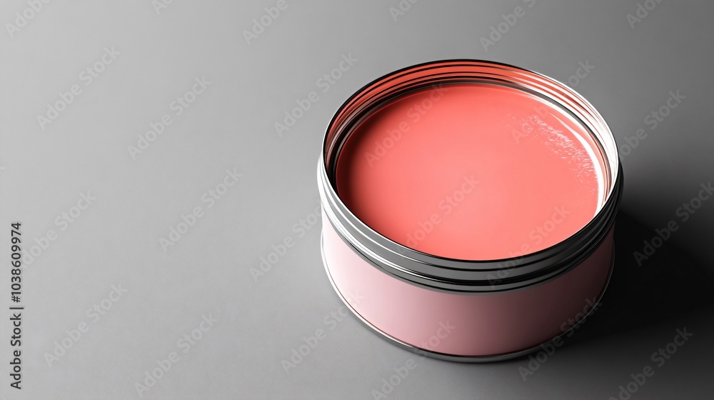 A compact can of coral pink emulsion paint with smooth, slow drips, isolated on a matte grey background A compact can of coral pink emulsion paint with smooth, slow drips, isolated on a matte grey background