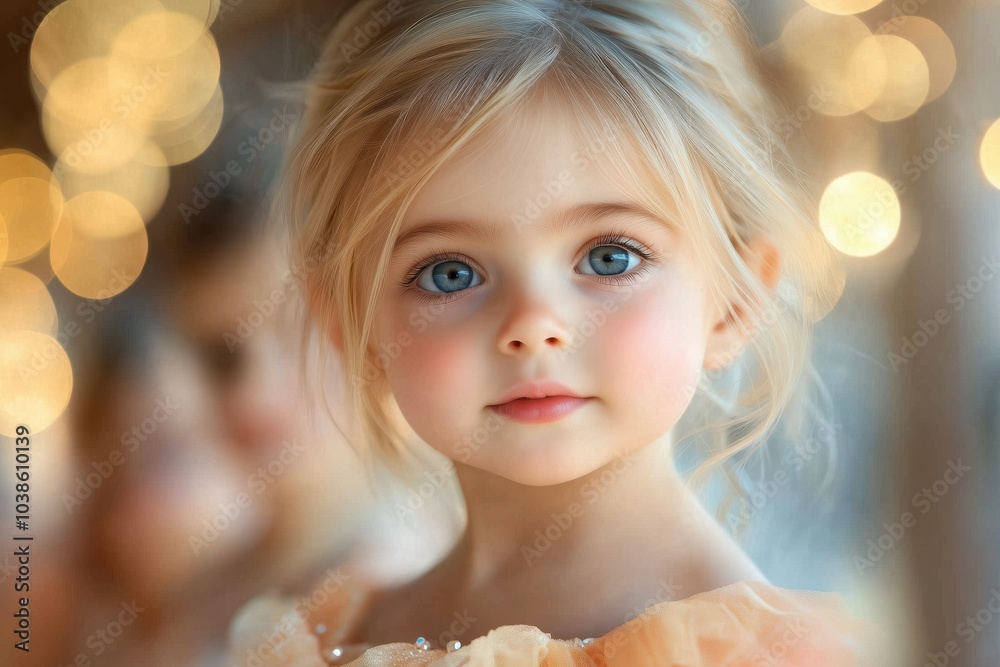 Cheerful blonde girl in a tutu performs under stage lights with friends around. Generative AI Cheerful blonde girl in a tutu performs under stage lights with friends around. Generative AI