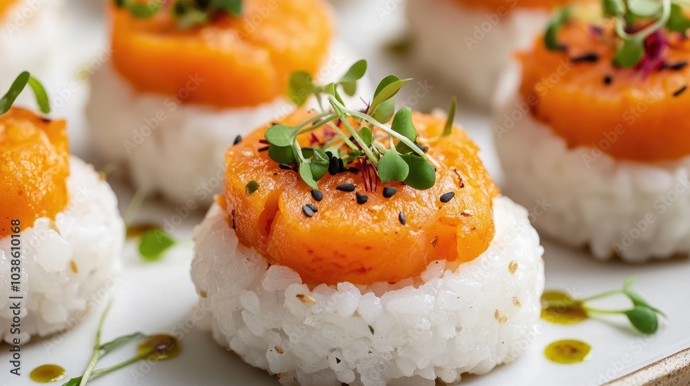 Delicious sushi with vibrant orange topping and garnish Delicious sushi with vibrant orange topping and garnish
