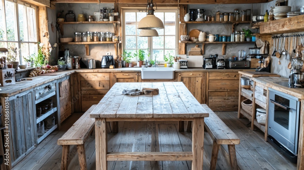 A rustic kitchen with wooden furniture, including a farmhouse table and benches, creating a cozy atmosphere. A rustic kitchen with wooden furniture, including a farmhouse table and benches, creating a cozy atmosphere.