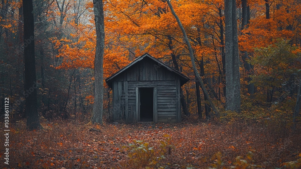 The image features a small, rustic wooden cabin, nestled in a serene autumn landscape. The cabin stands alone, showcasing weathered wood and an inviting open doorway. Surrounding the structure are tal The image features a small, rustic wooden cabin, nestled in a serene autumn landscape. The cabin stands alone, showcasing weathered wood and an inviting open doorway. Surrounding the structure are tal
