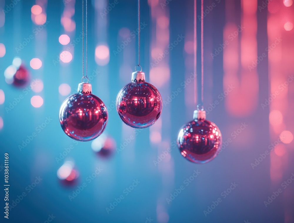 Fototapeta premium hanging Christmas tree decorations on blue background. Merry Christmas and Happy New Year