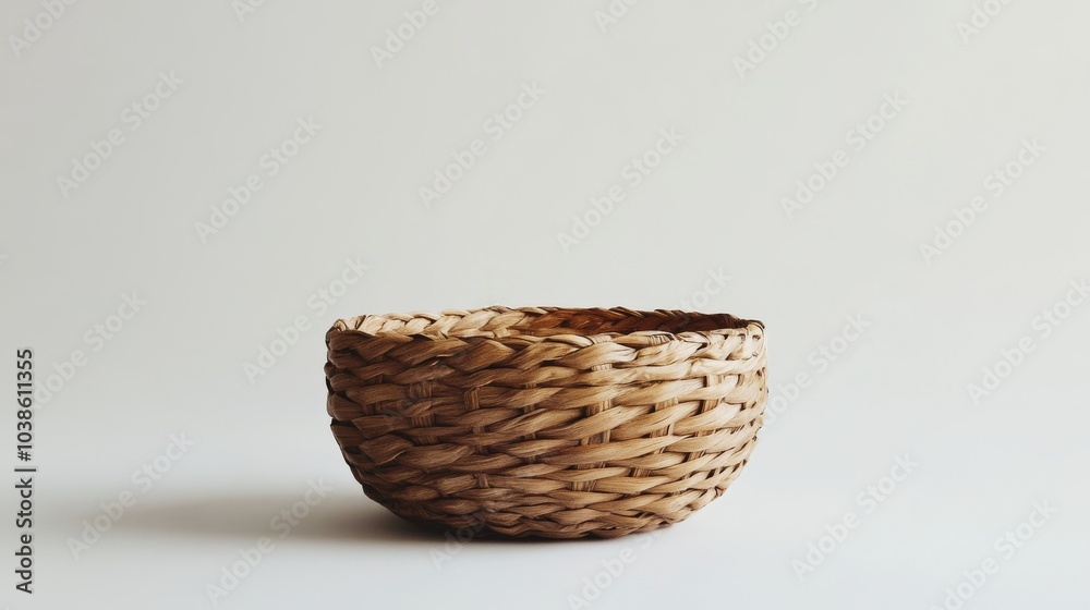 A stylish, empty rattan basket is shown against a plain white background. This basket would be perfect for showcasing gifts or products. A stylish, empty rattan basket is shown against a plain white background. This basket would be perfect for showcasing gifts or products.