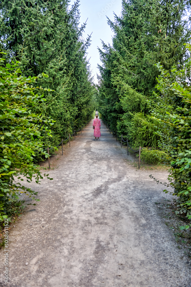 Vienna, Austria - July 21, 2024: A woman standing in the middle of a garden pathway in Vienna
Vienna, Austria - July 21, 2024: A woman standing in the middle of a garden pathway in Vienna