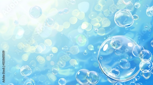 Colse - up blue background with floating deep sea underwater bubbles
