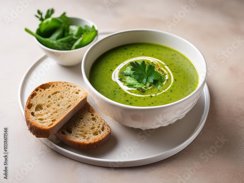 A colorful bowl of detox soup featuring spinach, zucchini, and celery, topped with parsley and served with bread ai.