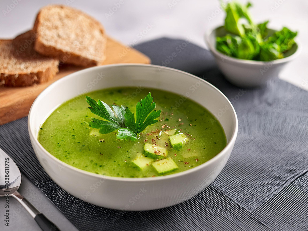 A colorful bowl of detox soup featuring spinach, zucchini, and celery, topped with parsley and served with bread ai. A colorful bowl of detox soup featuring spinach, zucchini, and celery, topped with parsley and served with bread ai.