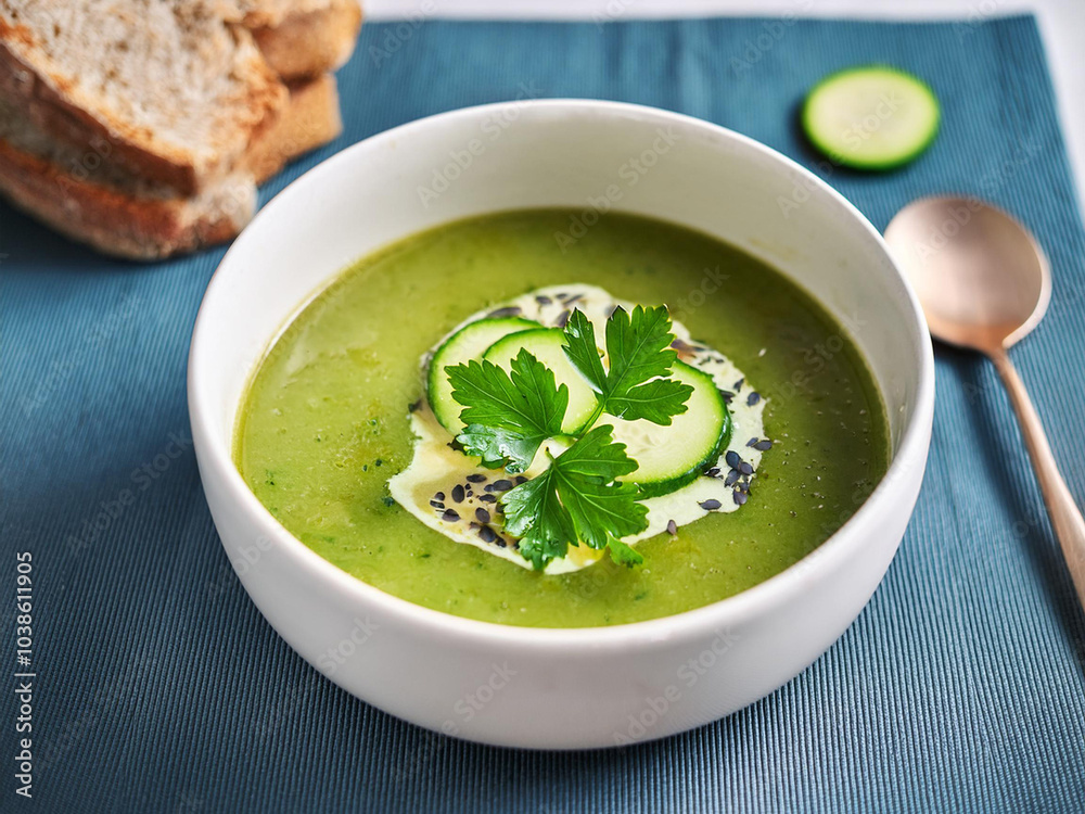 A colorful bowl of detox soup featuring spinach, zucchini, and celery, topped with parsley and served with bread ai. A colorful bowl of detox soup featuring spinach, zucchini, and celery, topped with parsley and served with bread ai.