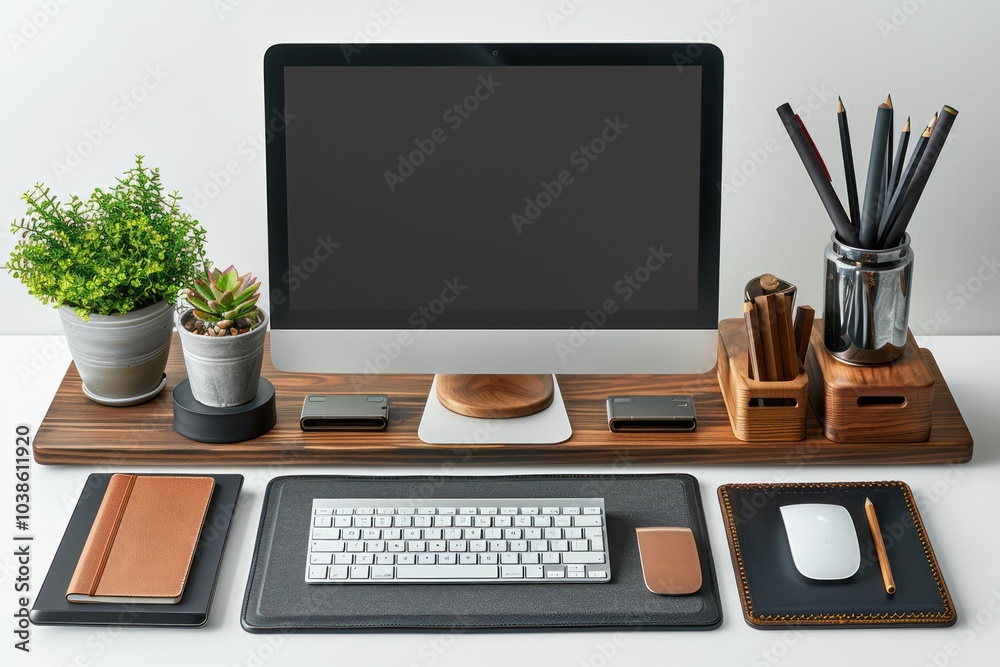 A clutter-free work desk with a computer monitor, keyboard, mouse, and a notepad isolated on a white background A clutter-free work desk with a computer monitor, keyboard, mouse, and a notepad isolated on a white background