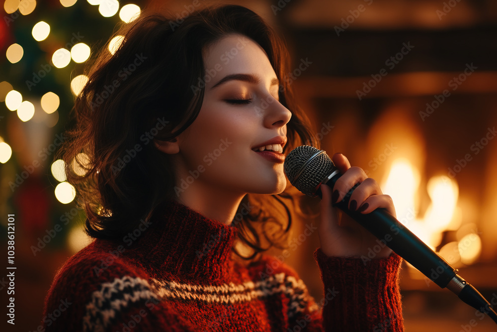 Young woman singing karaoke with microphone at home, cozy Christmas background Young woman singing karaoke with microphone at home, cozy Christmas background