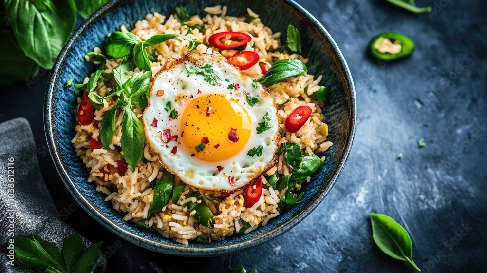 Vibrant Bowl of Rice and Egg with Fresh Herbs Vibrant Bowl of Rice and Egg with Fresh Herbs