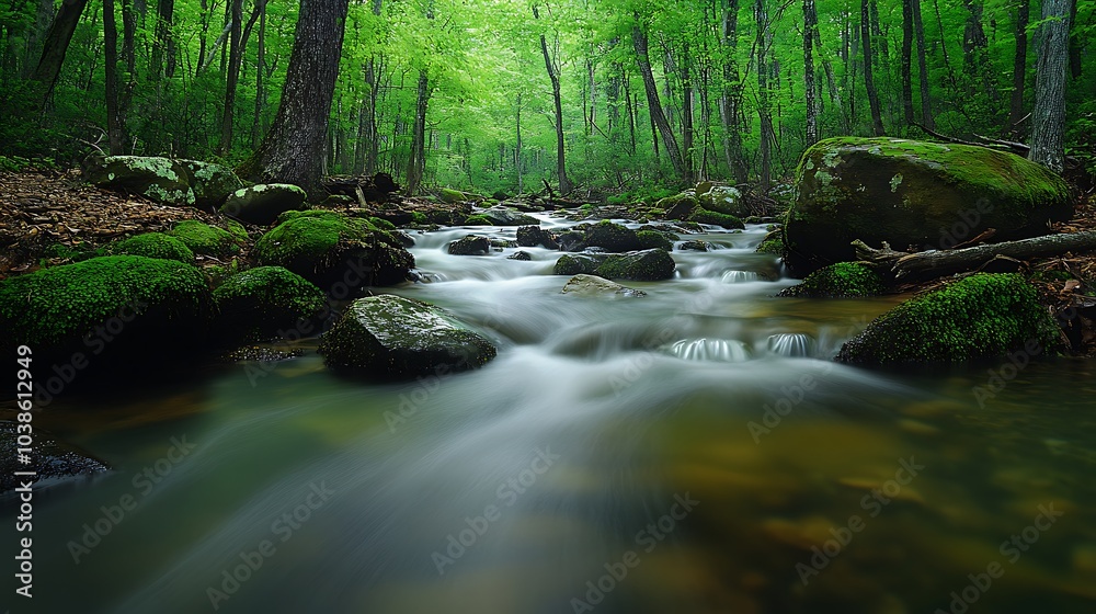 Obraz premium A peaceful woodland stream with crystal-clear water flowing over moss-covered rocks, surrounded by dense forest
