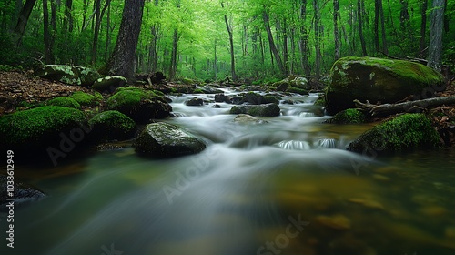 A peaceful woodland stream with crystal-clear water flowing over moss-covered rocks, surrounded by dense forest