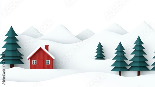 Snowcovered landscape with a cozy cabin, pine trees dusted in white, peaceful winter scene, flat design illustration