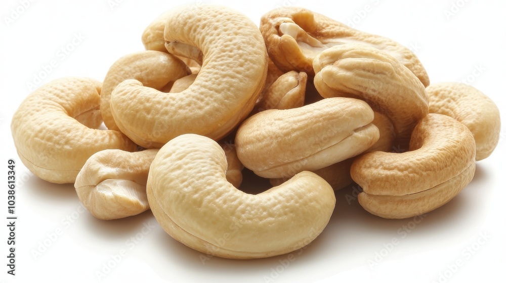 Fototapeta premium Cashews are a tasty and healthy snack. They have a smooth, light beige color and a curved shape. You can eat them raw, roast them, or use them in cooking.