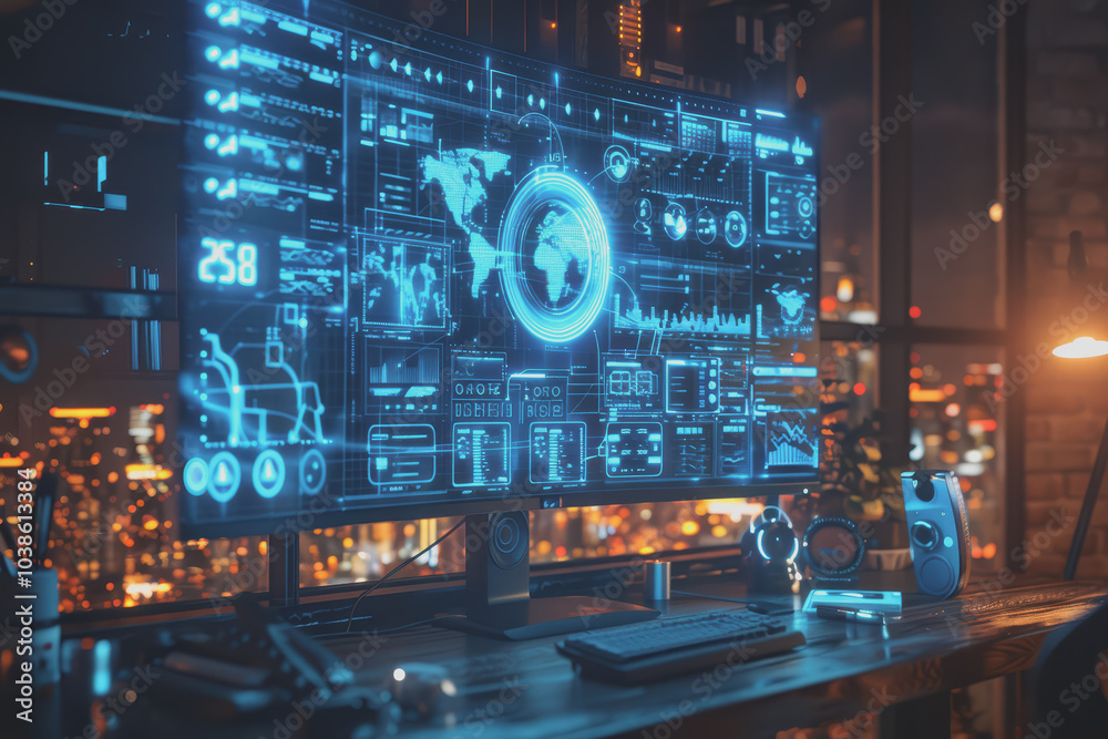 A holographic timetable floating above a desk with dynamic animations. A holographic timetable floating above a desk with dynamic animations.