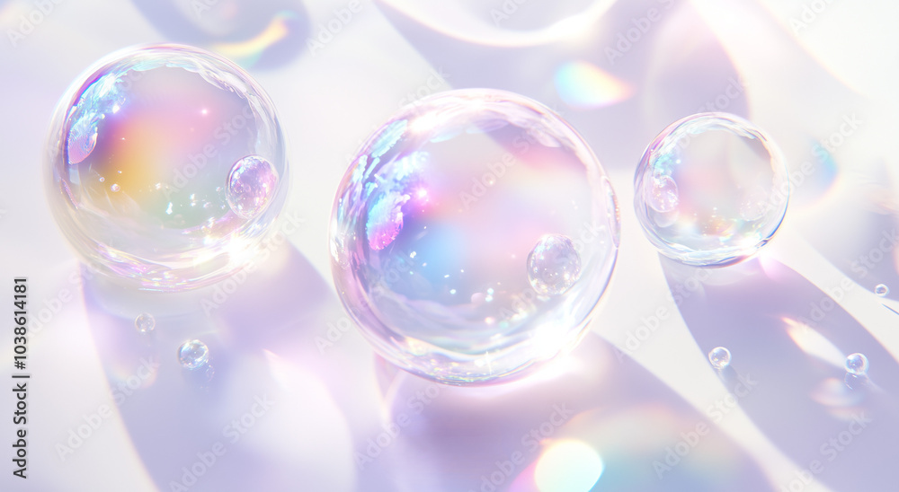 Colorful Soap Bubbles Floating on White Background Colorful Soap Bubbles Floating on White Background
