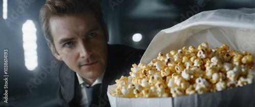 man is holding a bag of popcorn in front of a dark room photo