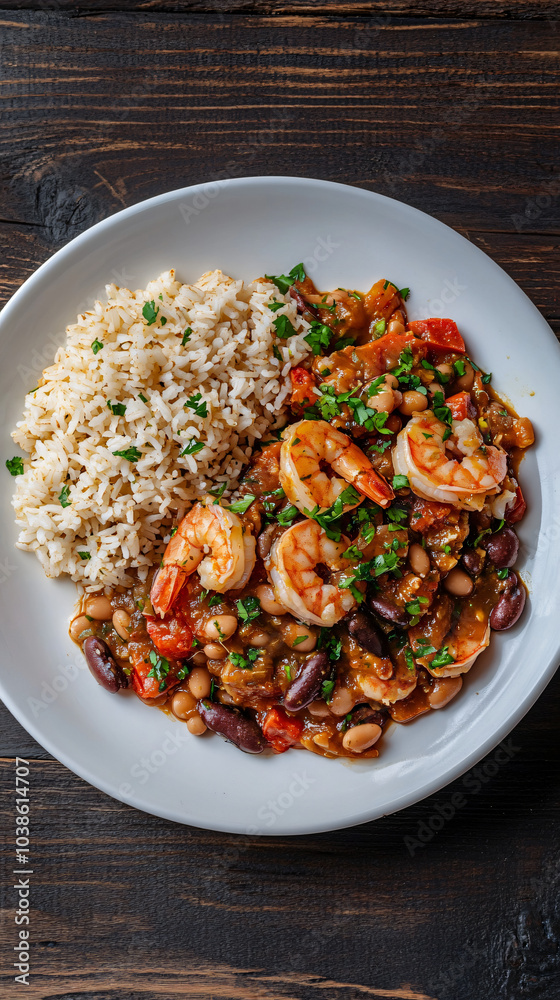 Serving spicy shrimp, vegetable and bean stew with brown rice on a white platter Serving spicy shrimp, vegetable and bean stew with brown rice on a white platter