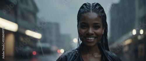 woman with dreadlocks is standing in the rain smiling photo