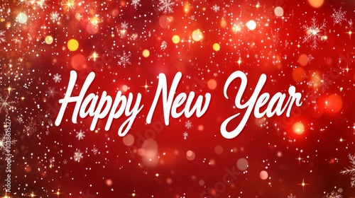 Large white letters spelling "Happy New Year" are written in a thin, flowing style against a blurry red Christmas background. The image is wider than it is tall.