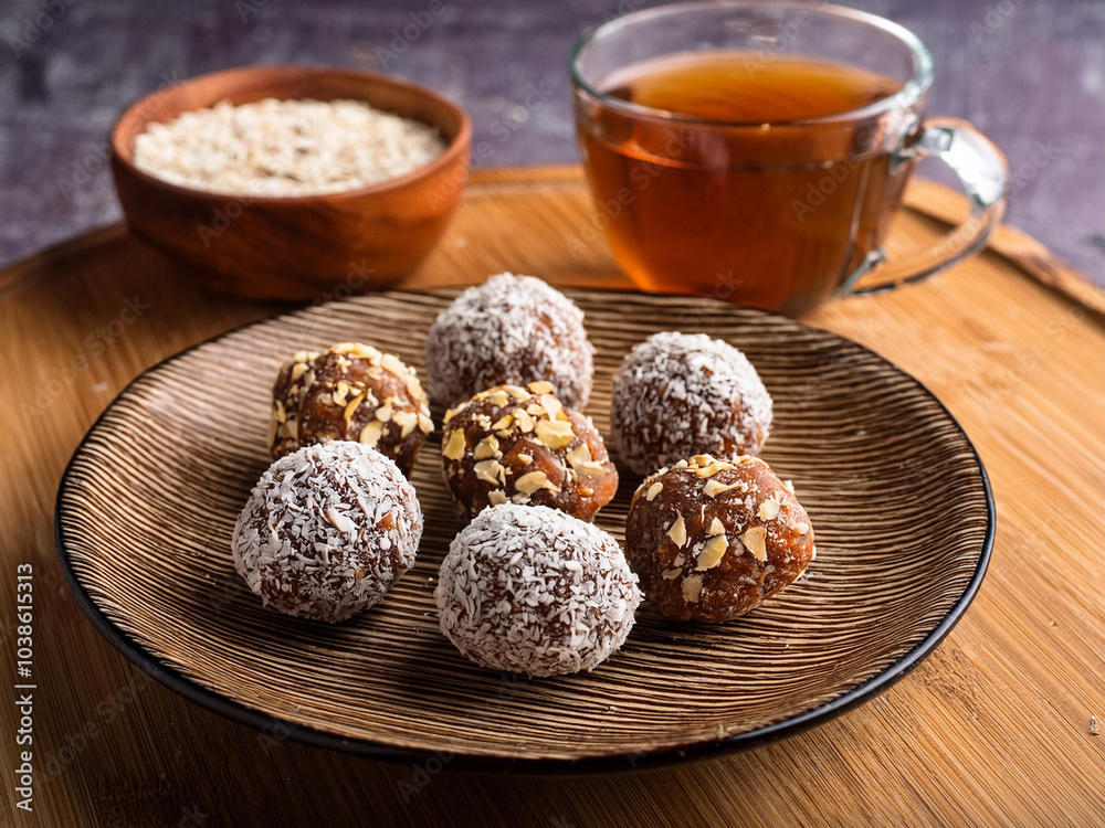 A plate of vegan energy balls made from dates, oats, and almond butter, served with tea on a wooden table ai. A plate of vegan energy balls made from dates, oats, and almond butter, served with tea on a wooden table ai.