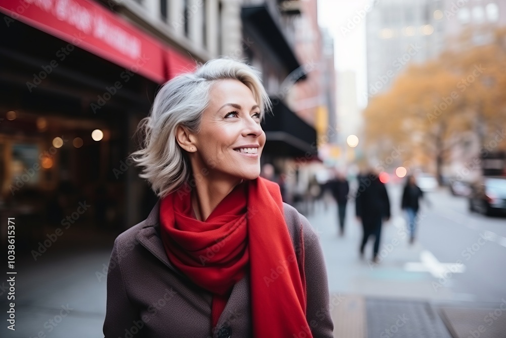 Portrait of a happy senior woman with red scarf in the city Portrait of a happy senior woman with red scarf in the city