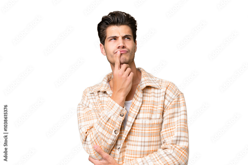 Young handsome caucasian man over isolated background having doubts while looking up Young handsome caucasian man over isolated background having doubts while looking up
