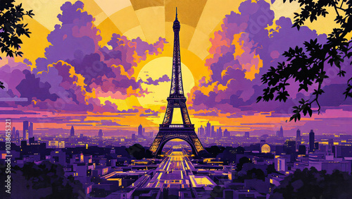 Paris landmark mosaic interpretation with golden details