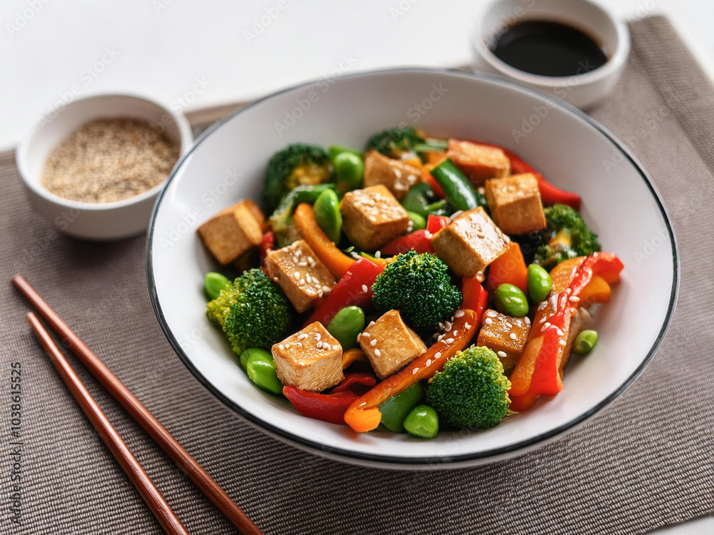 A bowl filled with tofu, colorful bell peppers, broccoli, and snap peas, ready to be enjoyed with chopsticks ai. A bowl filled with tofu, colorful bell peppers, broccoli, and snap peas, ready to be enjoyed with chopsticks ai.