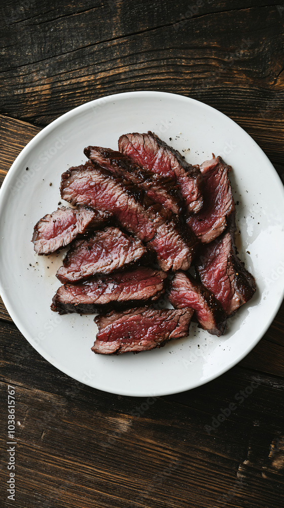 Grilled medium rare steak slices lying on a white plate on a wooden table, seen from above Grilled medium rare steak slices lying on a white plate on a wooden table, seen from above