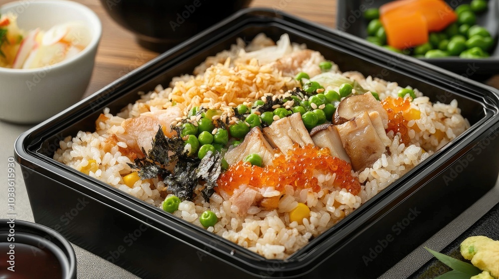 Delicious Asian Rice Dish with Toppings in Black Container Delicious Asian Rice Dish with Toppings in Black Container