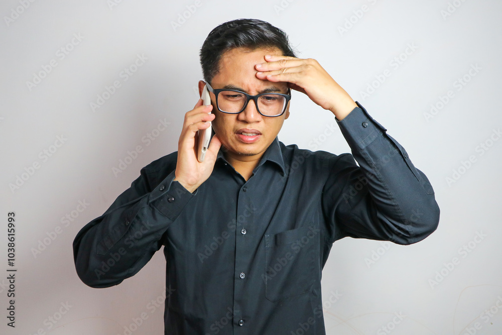 Asian man feeling dizzy while receiving a call wearing casual clothes isolated on white background Asian man feeling dizzy while receiving a call wearing casual clothes isolated on white background