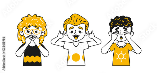 Three Doodle Kids Characters Expressing The See No Evil, Hear No Evil, Speak No Evil Emotions. First Child Covers Mouth