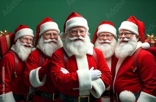 Five Santa Clauses with gifts stand and smile on a green background