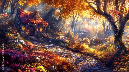 A tranquil scene depicting a quaint stone cottage nestled within a vibrant autumn landscape. The cottage features a thatched roof adorned with reddish-orange leaves, and its round, glowing windows giv photo