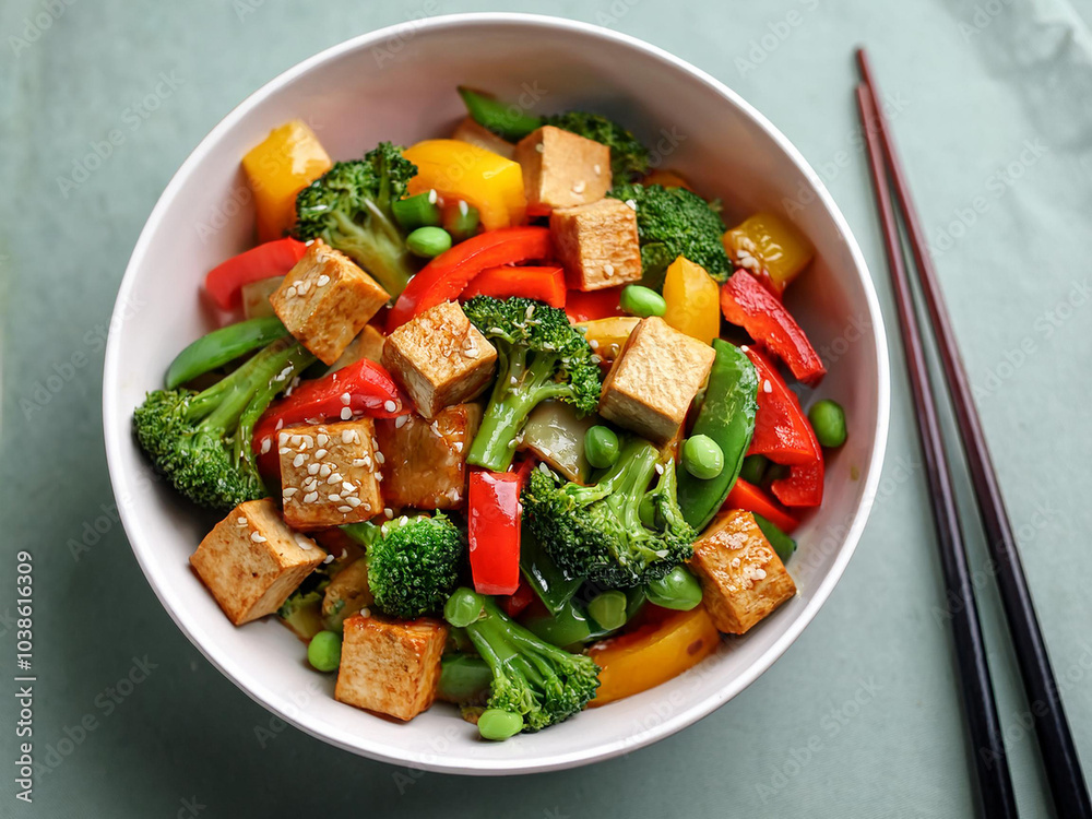 A colorful bowl of vegan stir-fry with tofu, bell peppers, broccoli, and snap peas, accompanied by chopsticks ai. A colorful bowl of vegan stir-fry with tofu, bell peppers, broccoli, and snap peas, accompanied by chopsticks ai.