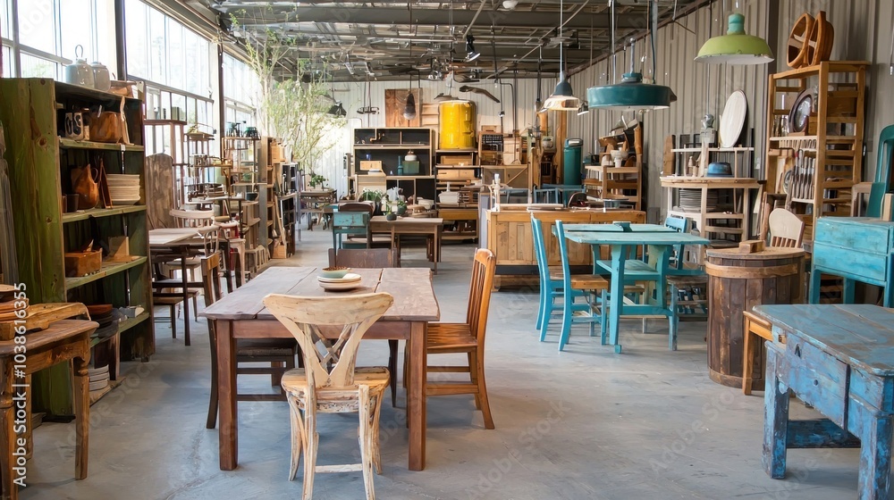 A local furniture shop filled with unique pieces, including hand-crafted tables, chairs, and shelving units. A local furniture shop filled with unique pieces, including hand-crafted tables, chairs, and shelving units.