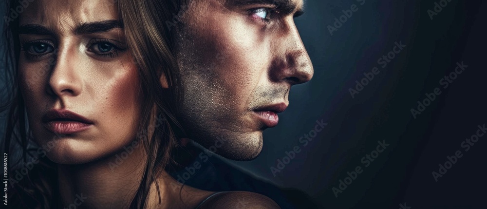 Close-up of a woman with blue eyes, blonde hair, and a man with brown hair and stubble. Woman looks emotional, man frustrated. Tension evident in selective lighting. Close-up of a woman with blue eyes, blonde hair, and a man with brown hair and stubble. Woman looks emotional, man frustrated. Tension evident in selective lighting.