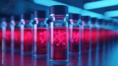 A vibrant, illuminated row of glass vials containing a liquid, showcasing a bright red color with molecular structures visible inside.