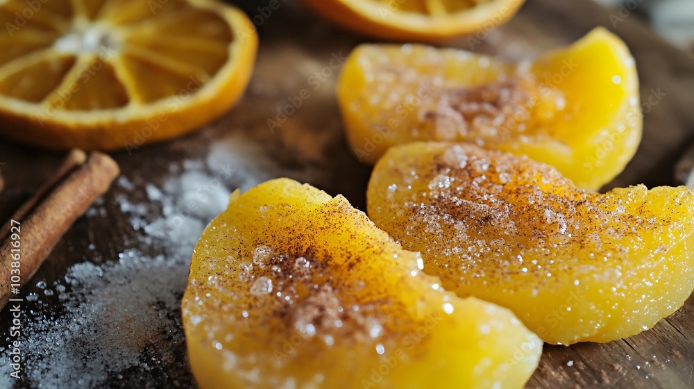 Quince halves sprinkled with cinnamon and sugar, set against a rustic kitchen backdrop with dried orange slices Quince halves sprinkled with cinnamon and sugar, set against a rustic kitchen backdrop with dried orange slices