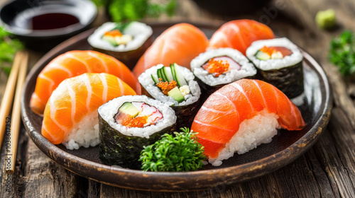 Fresh Sushi Platter with Varied Fish and Vegetables