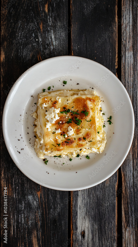 Deliciously prepared lasagna dish sits on a white plate atop a charming wooden table, ready for indulgence Deliciously prepared lasagna dish sits on a white plate atop a charming wooden table, ready for indulgence