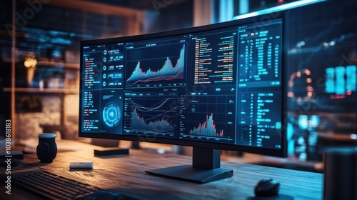 Big Data Technology for Business Finance Analytic Concept. Modern interface shows massive information of business sale report, profit chart and stock market trends analysis on screen monitor. uds