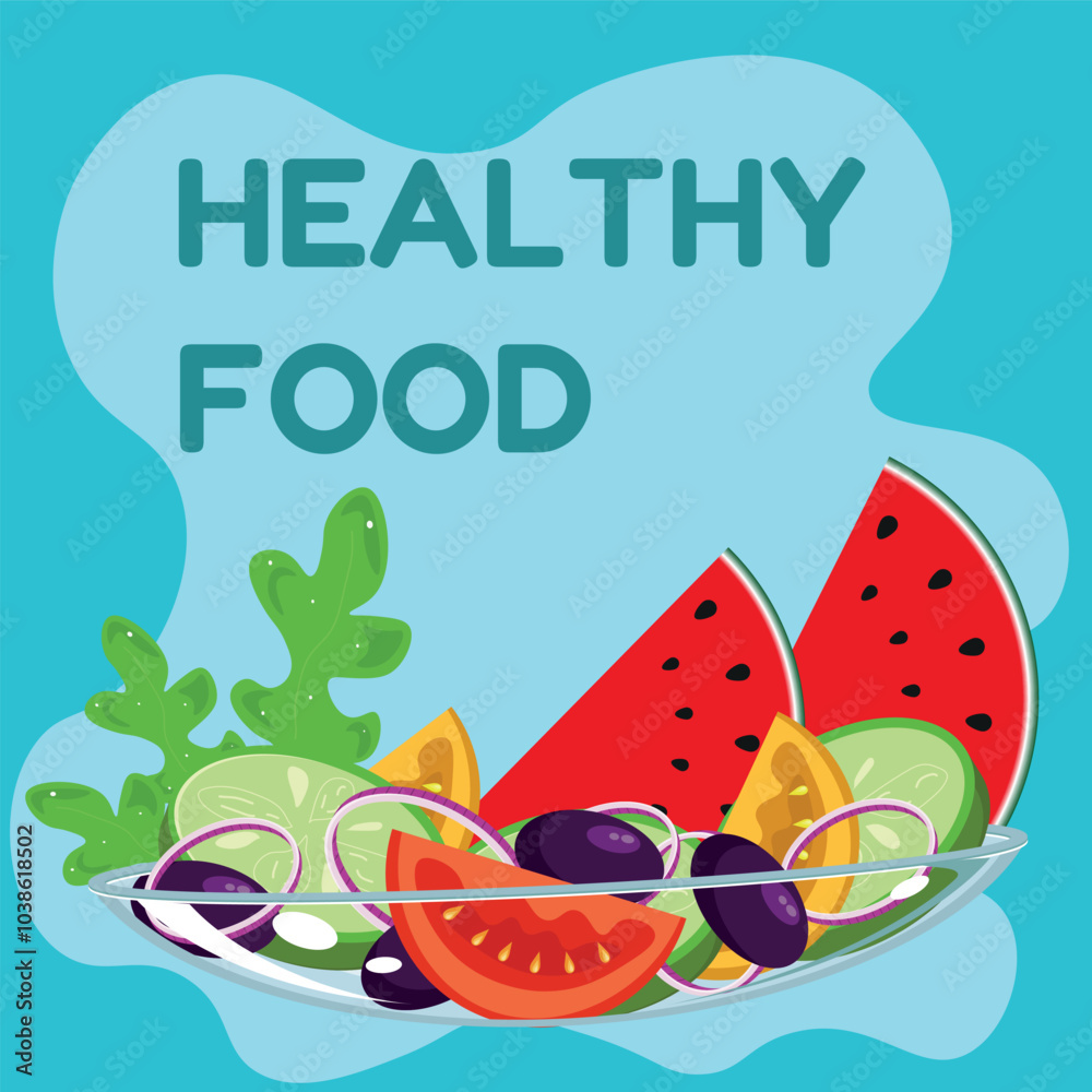 Fototapeta premium The plate is full of vegetables and fruits. Healthy food. Vector illustration. Vegan day