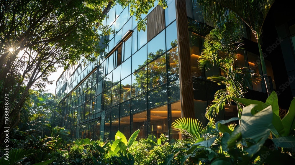 A contemporary office building with reflective glass windows and lush green trees surrounding it, basking in sunlight A contemporary office building with reflective glass windows and lush green trees surrounding it, basking in sunlight